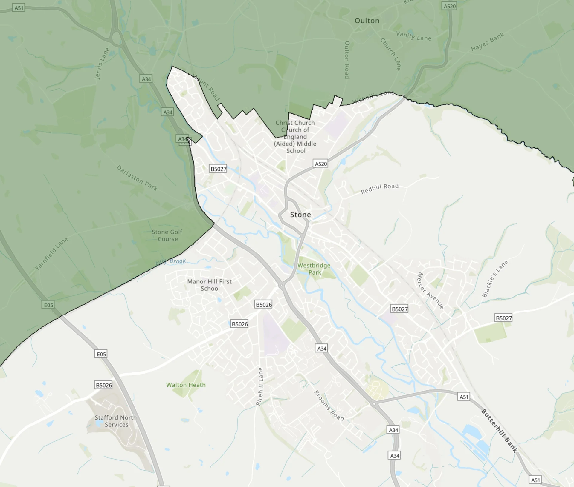 Map showing Green Belt land around Stone, with shaded areas mainly to the north and west of the town and Stone shown in the centre.