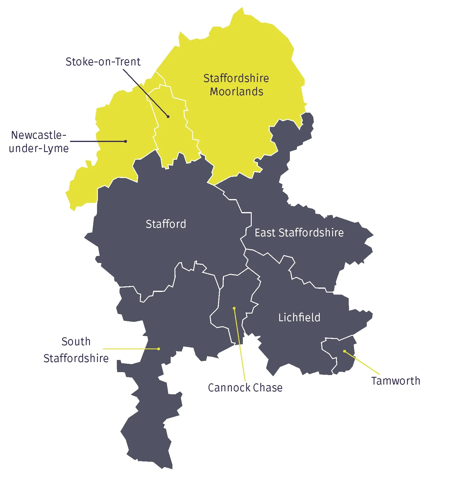 Map showing the government's confirmed north and south unitary council boundaries for Staffordshire, with Stone included in the new south Staffordshire authority.