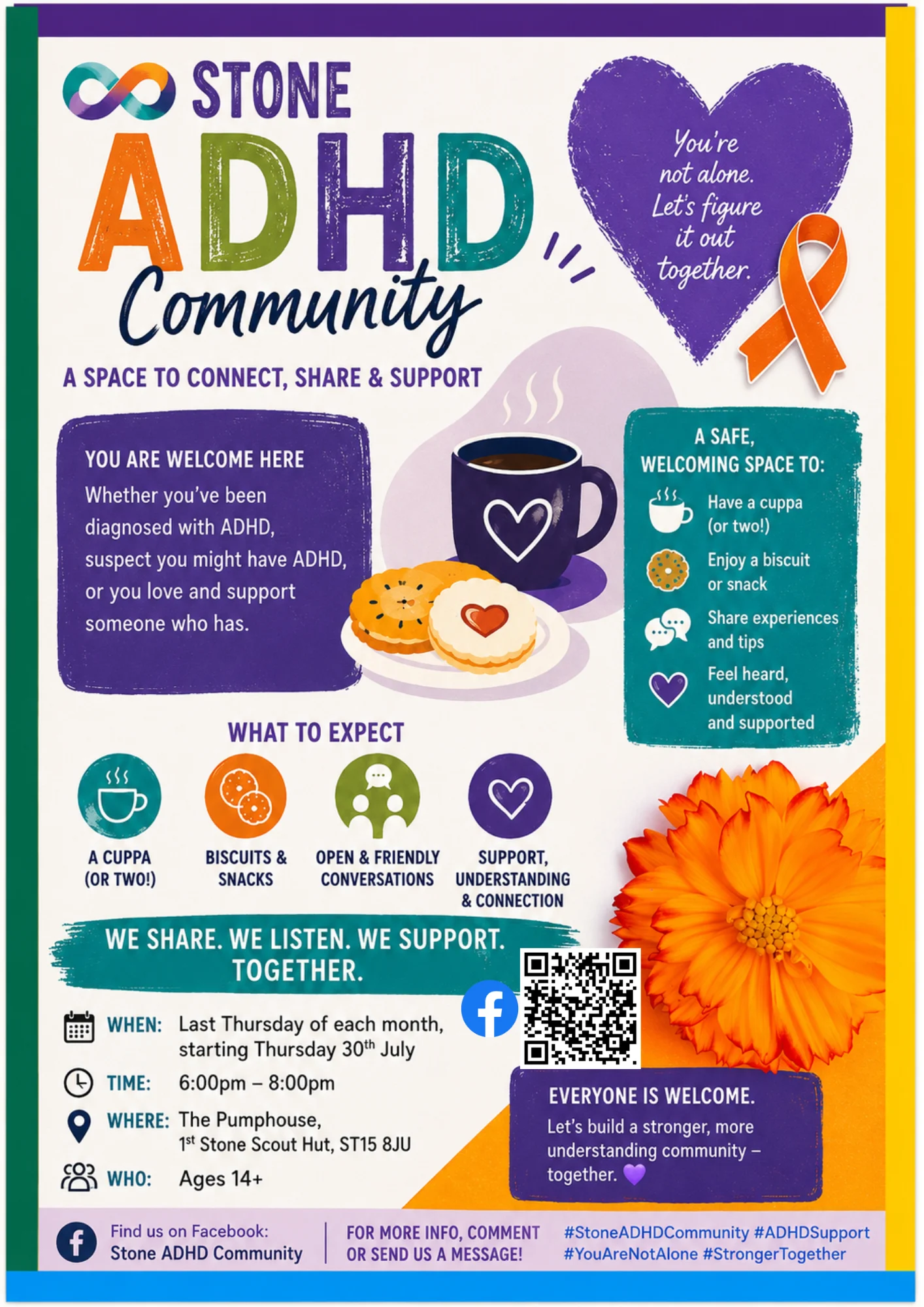 Poster for Stone ADHD Community, a monthly ADHD peer support group at The Pumphouse, 1st Stone Scout Hut, starting Thursday 30 July.
