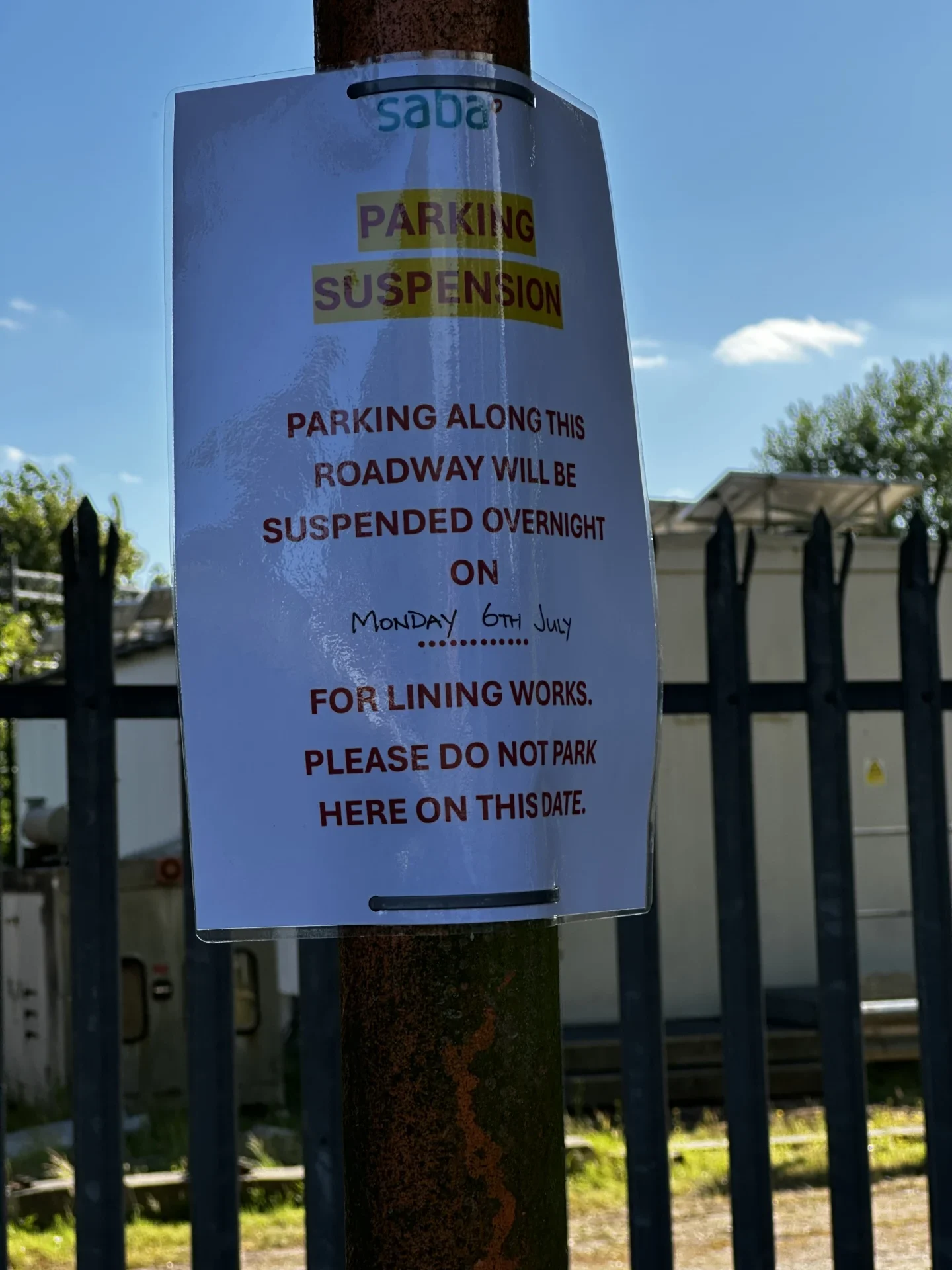 Saba notice on Station Approach saying parking will be suspended overnight on Monday 6 July for lining works.