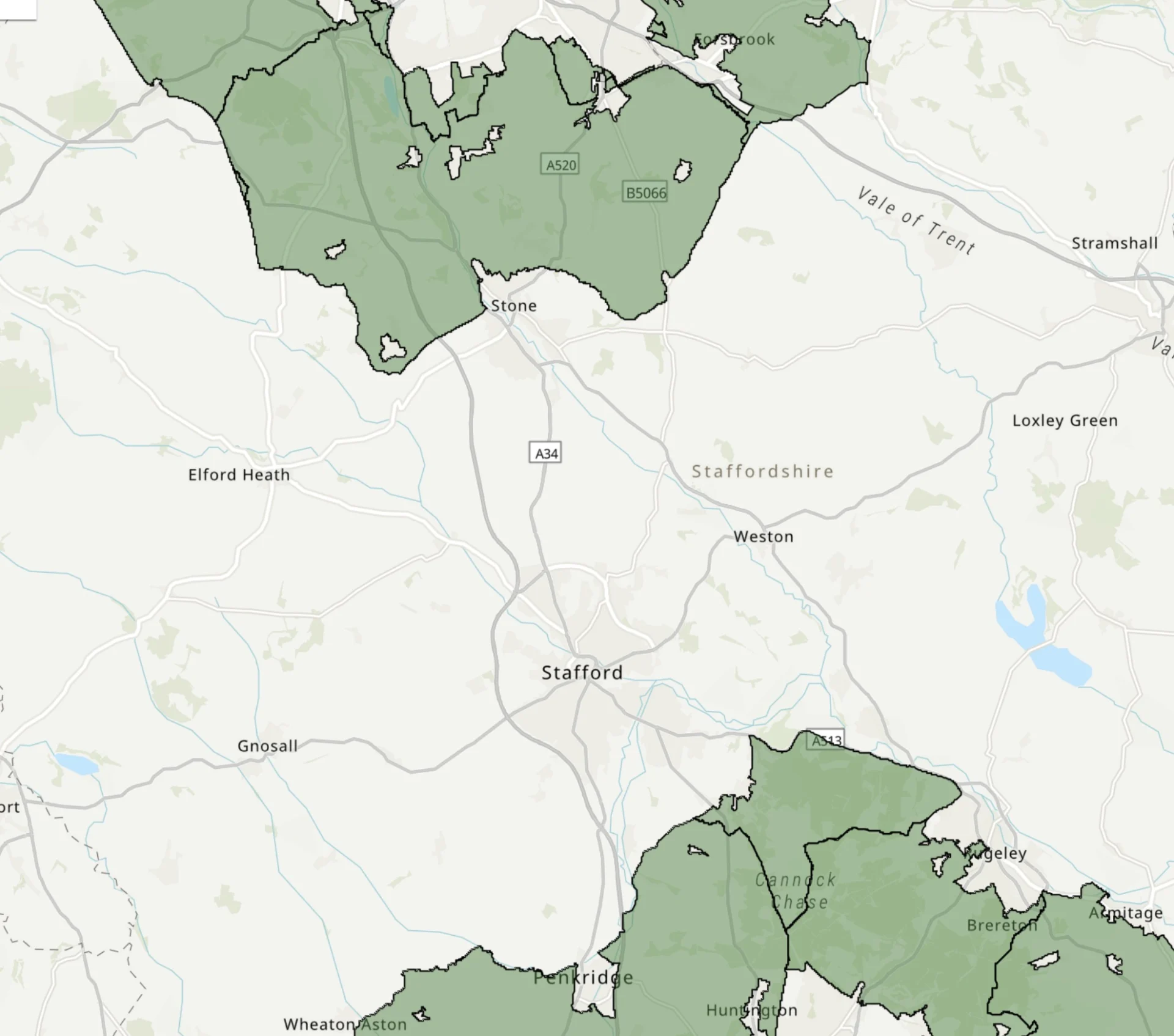 Map showing Green Belt land around Stone, with shaded areas mainly to the north and west of the town and Stone shown in the centre.