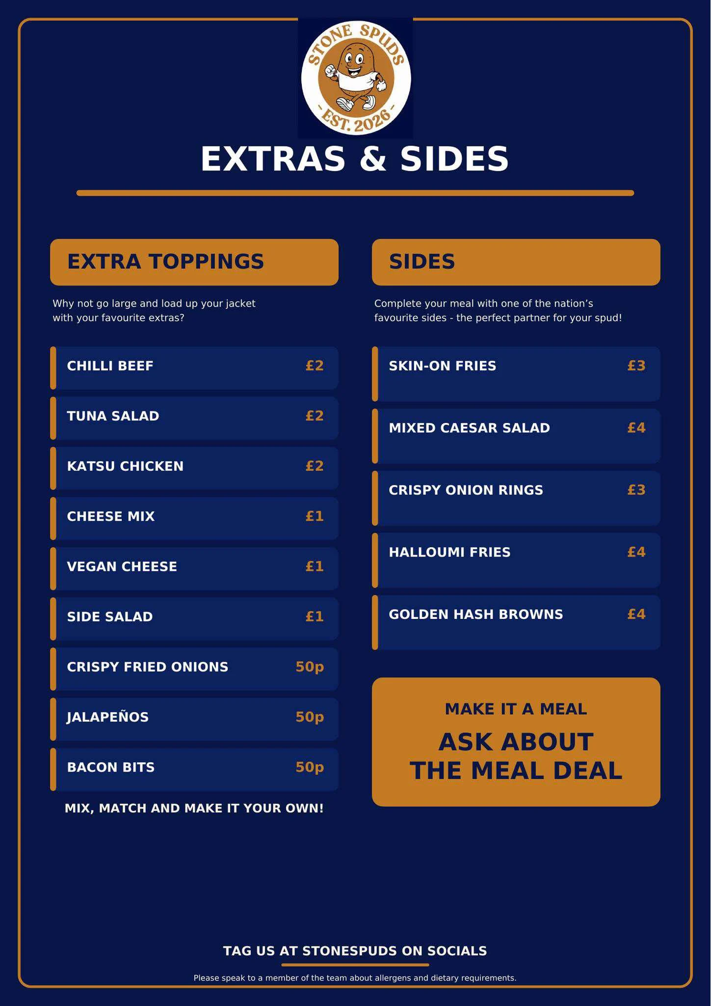 Stone Spuds Menu - Extras