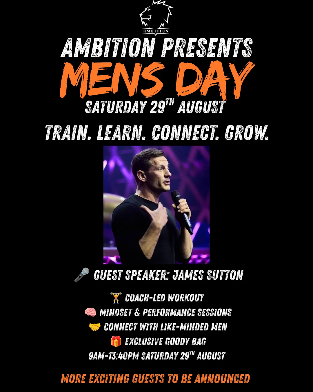 Ambition Men’s Day poster featuring guest speaker James Sutton and details of the event in Stone on Saturday 29 August.