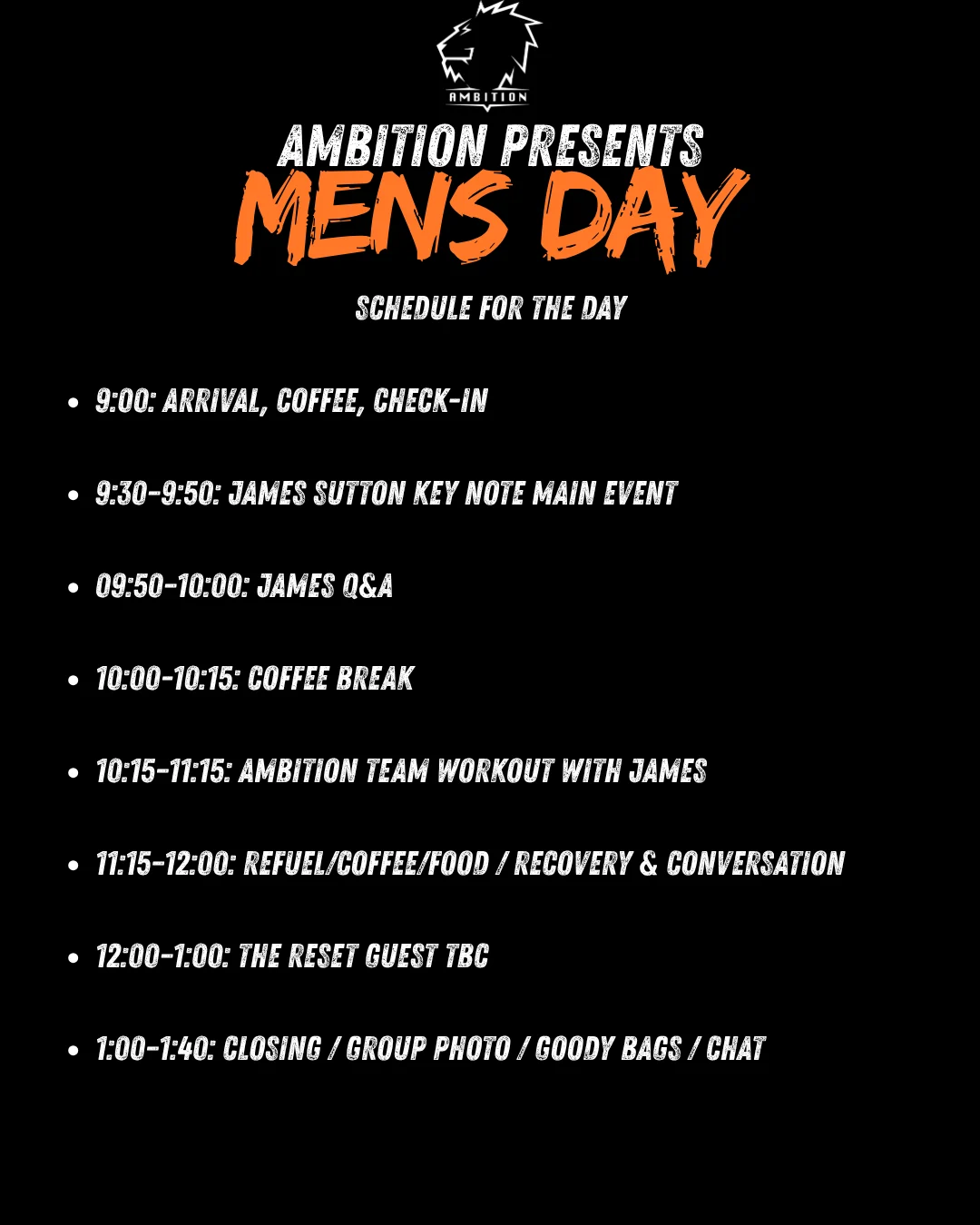 Schedule for Ambition Men’s Day in Stone on Saturday 29 August, listing the guest talk, Q&A, workout, breaks and closing session.