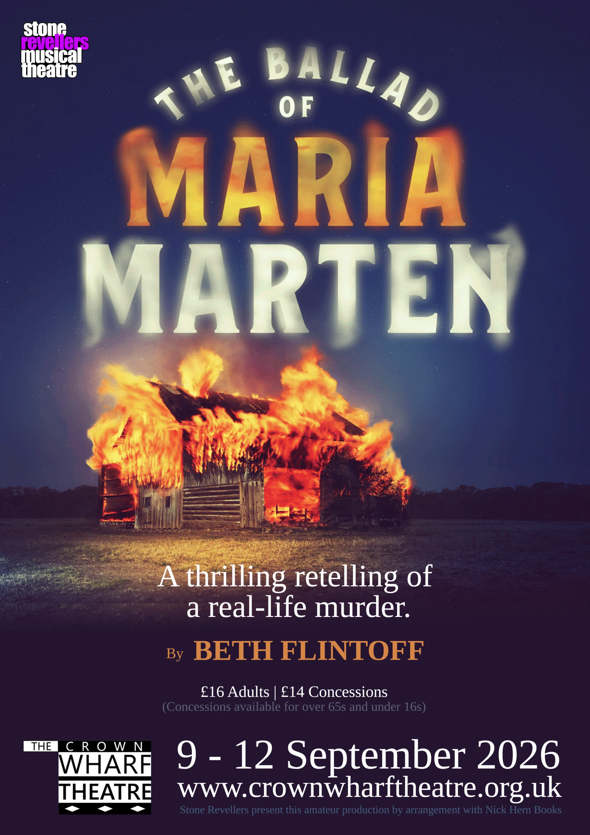 Poster for Stone Revellers’ production of The Ballad of Maria Marten at Crown Wharf Theatre from 9 to 12 September 2026.