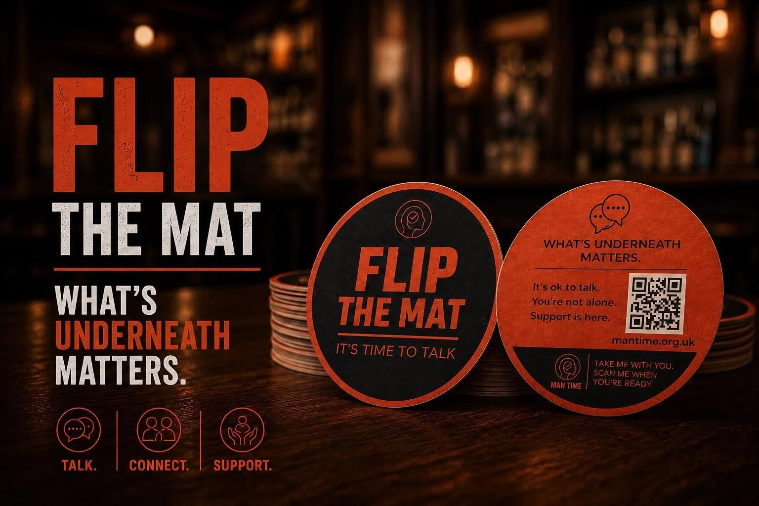 Flip the Mat campaign graphic showing two Man Time beer mats on a pub table, including a QR code linking to support information.