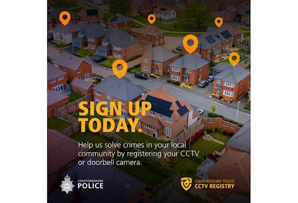 Staffordshire Police CCTV Registry graphic encouraging residents to register CCTV and video doorbell cameras.