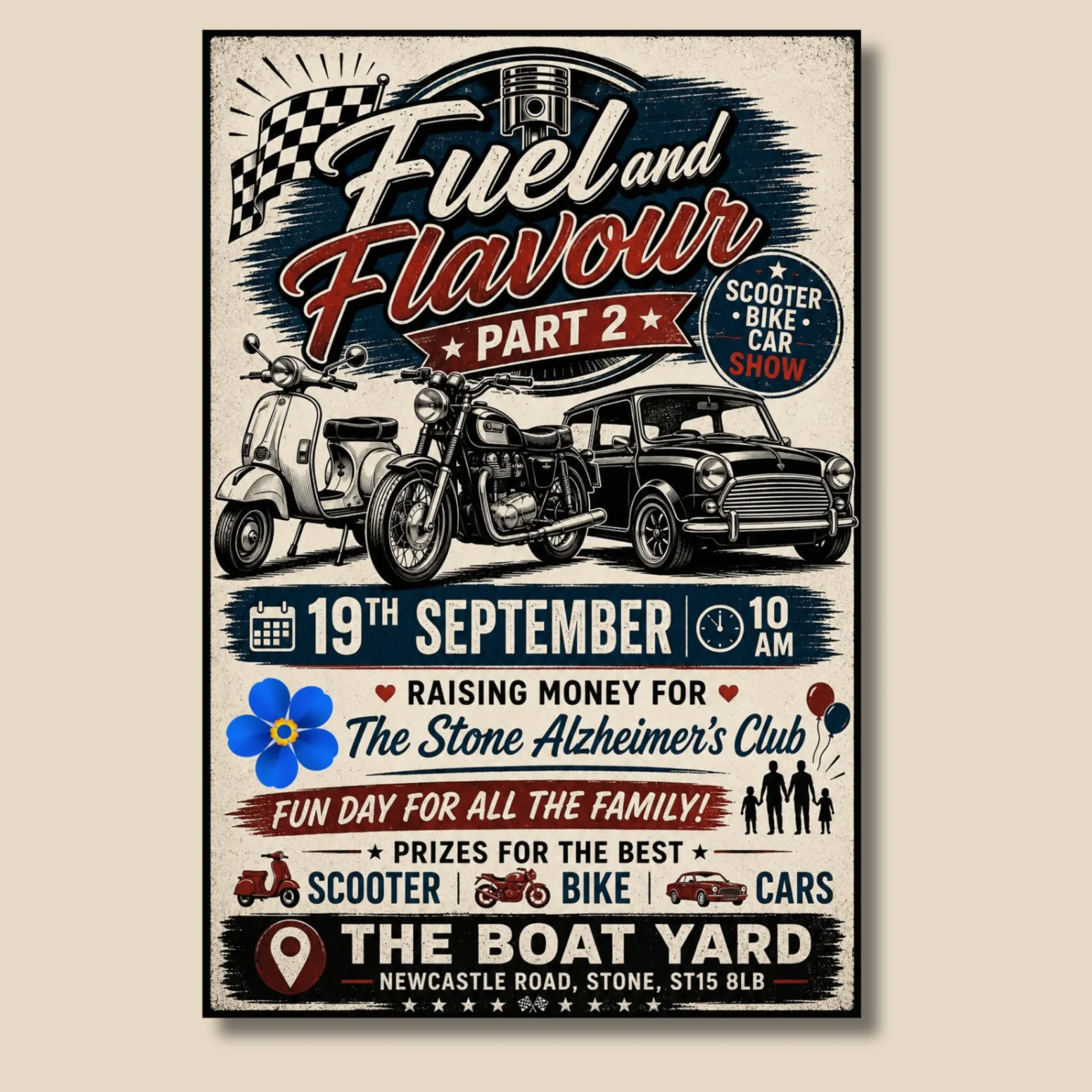 Vintage style Fuel and Flavour Part 2 poster featuring illustrations of a scooter, motorbike and classic Mini, promoting the Stone Alzheimer’s Club fundraiser.