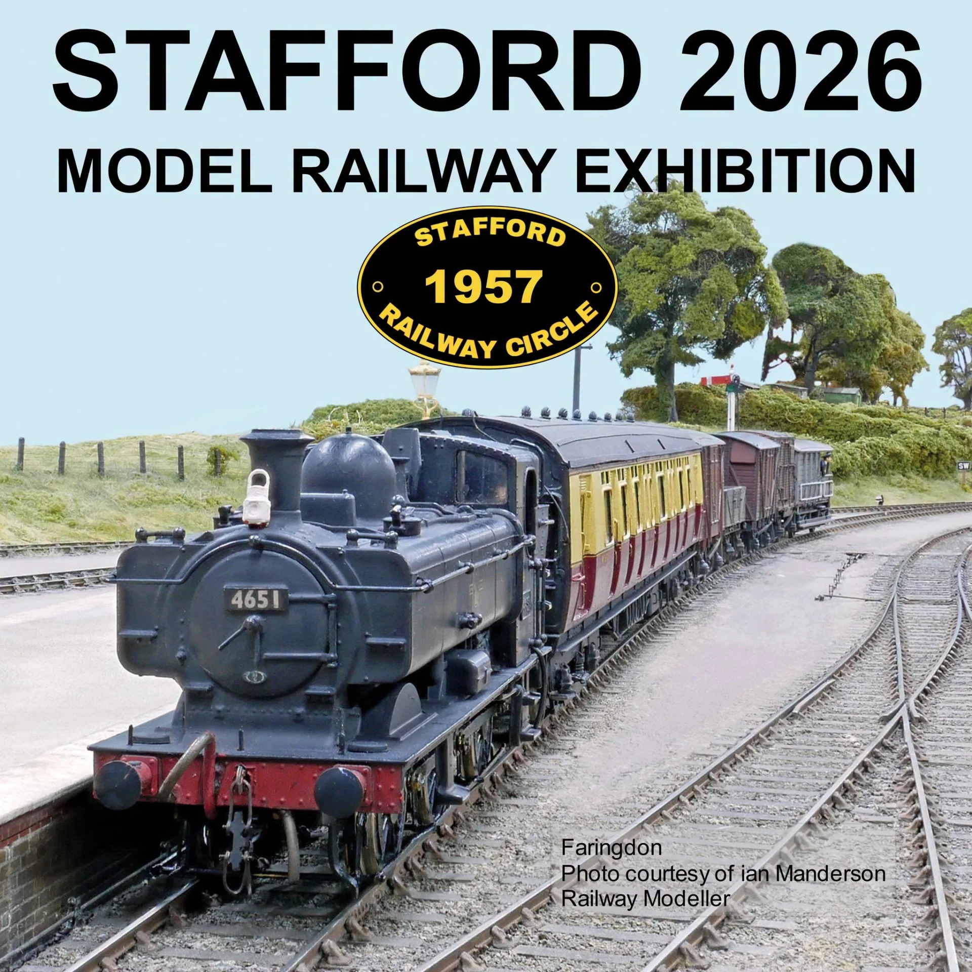 Stafford 2026 Model Railway Exhibition poster showing a model steam locomotive and train on the Faringdon layout.