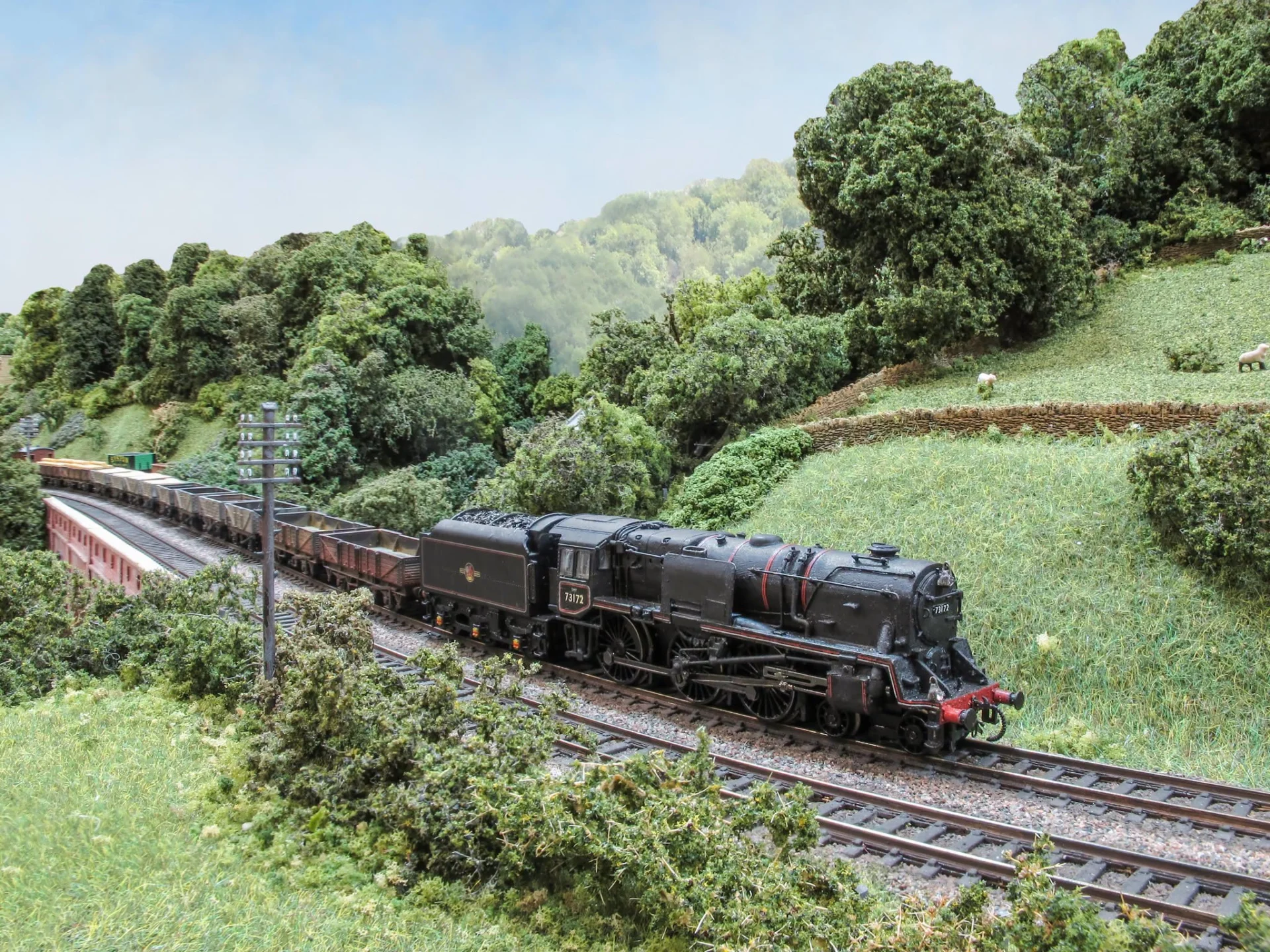 Black model steam locomotive hauling freight wagons through a detailed countryside model railway layout.
