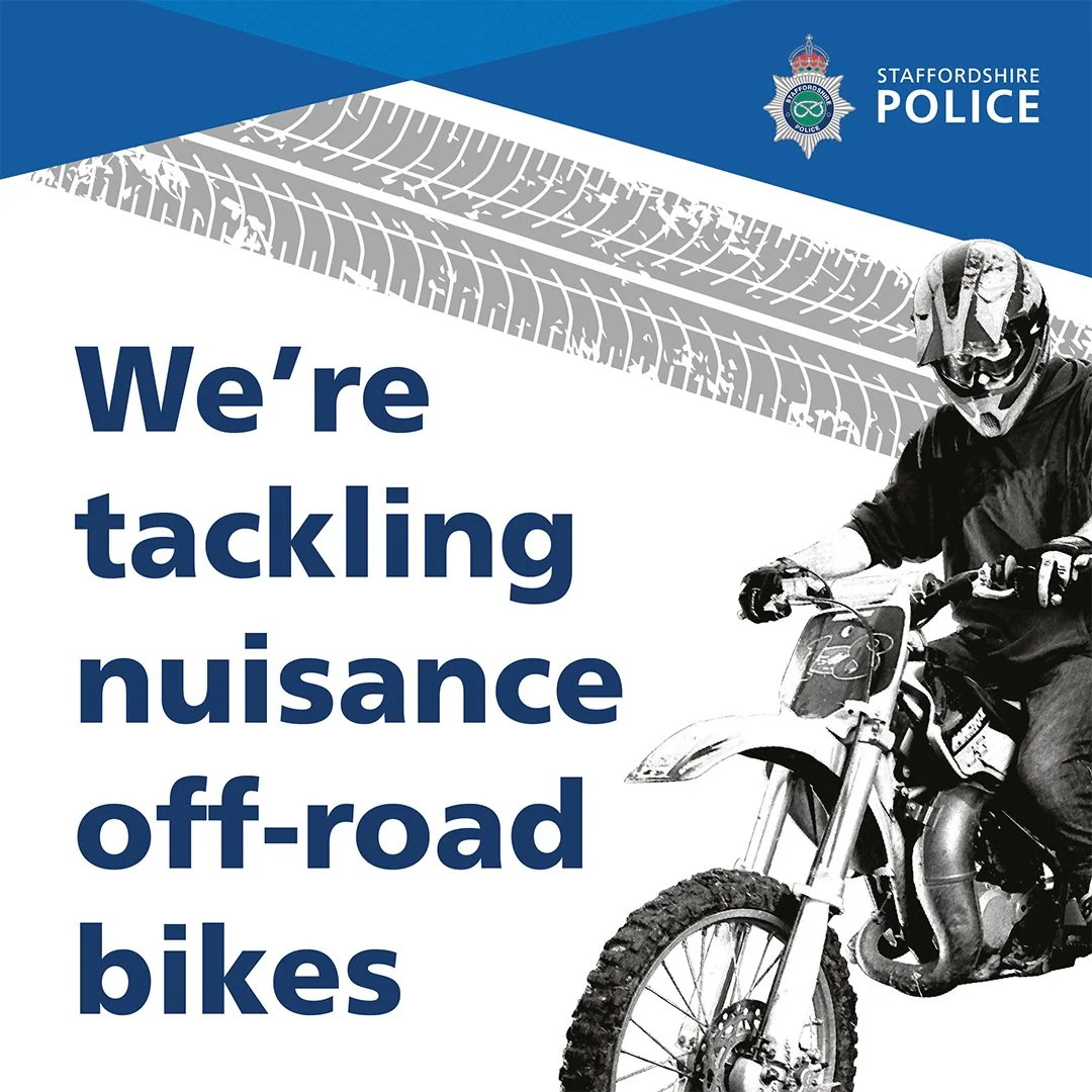 Staffordshire Police graphic saying they are tackling nuisance off road bikes, alongside a rider on an off road motorcycle.