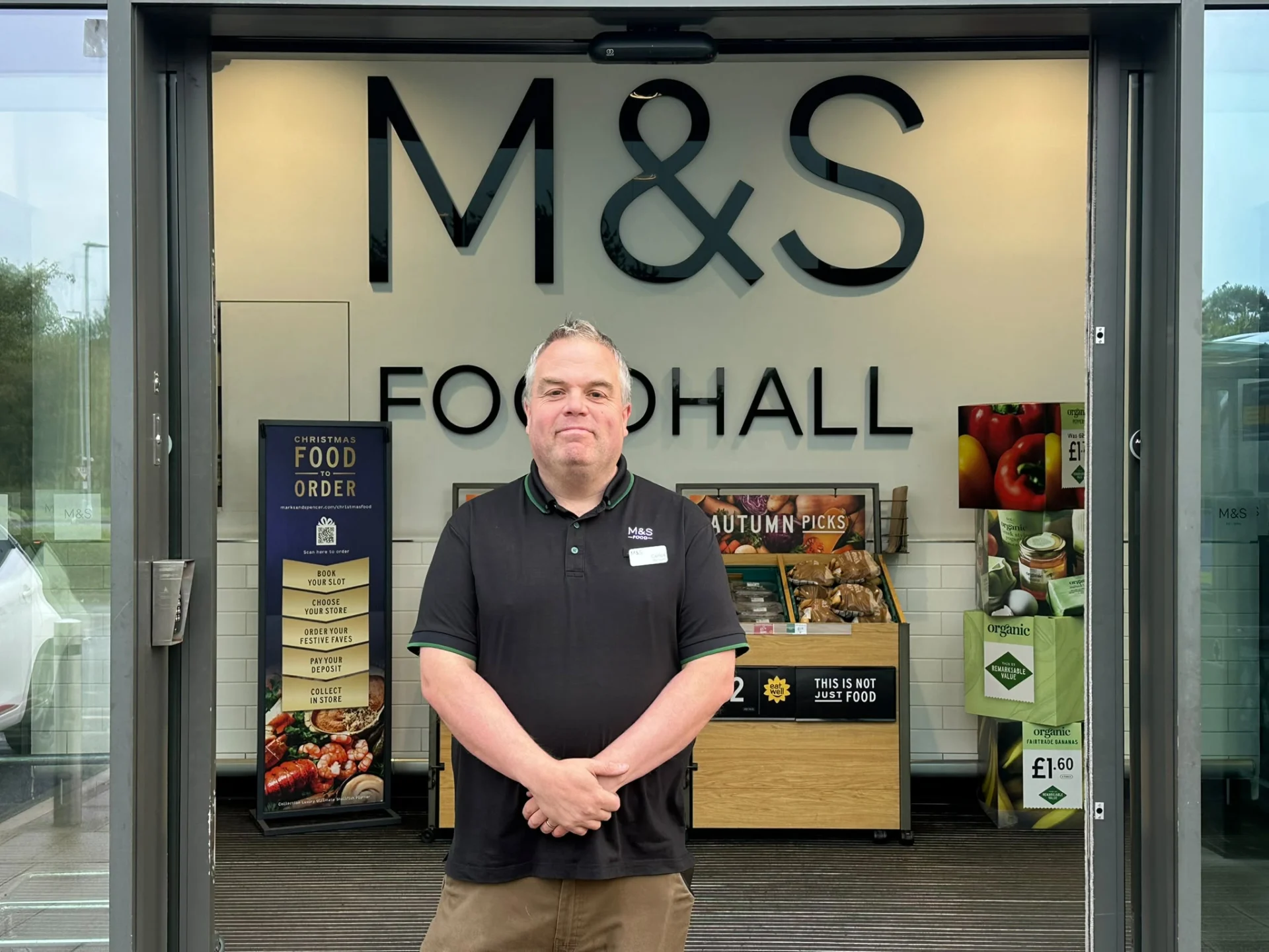 Carl Nutt standing outside the entrance to the M&S Foodhall at Westbridge Park in Stone.