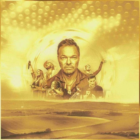 Gold-toned promotional artwork featuring a central portrait surrounded by smaller figures, with circular lights above a landscape.