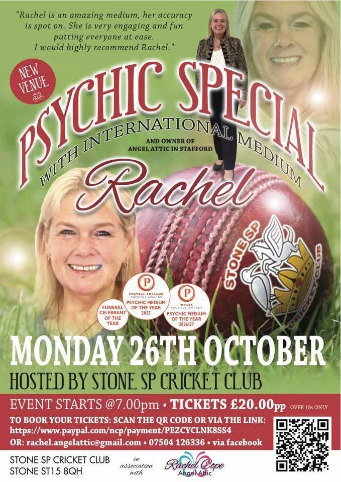 Poster advertising a Psychic Special with medium Rachel at Stone SP Cricket Club on Monday 26 October, with tickets priced at £20.